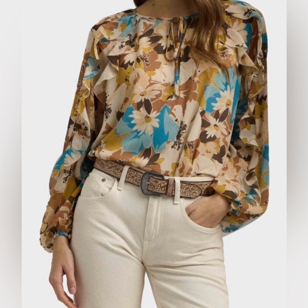NWT Women RALPH LAUREN Floral Boho chic spring Georgette Tie-Neck light Blouse